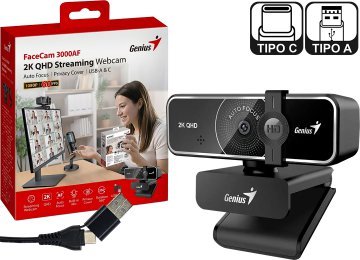 Webcam Genius Facecam 3000af 2k 2560x1440 4mpx 60fps Con Tapa Autofoco Microfono 75 Grados De Angulo De Vision Cable 1.5mts Usb Dual Usb Y Usb Tipo C